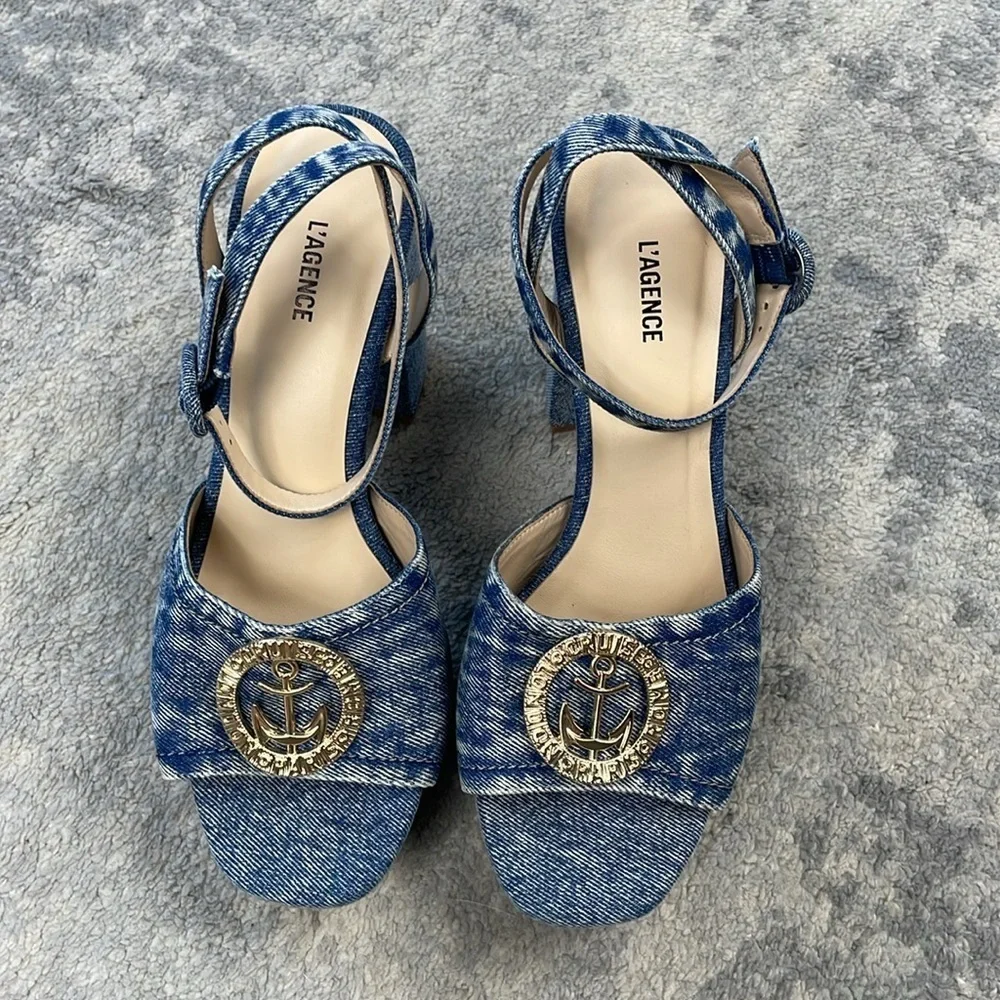 New L’Agence Andree Denim Nautical Anchor Platform Sandal Blue Jean Sz 6